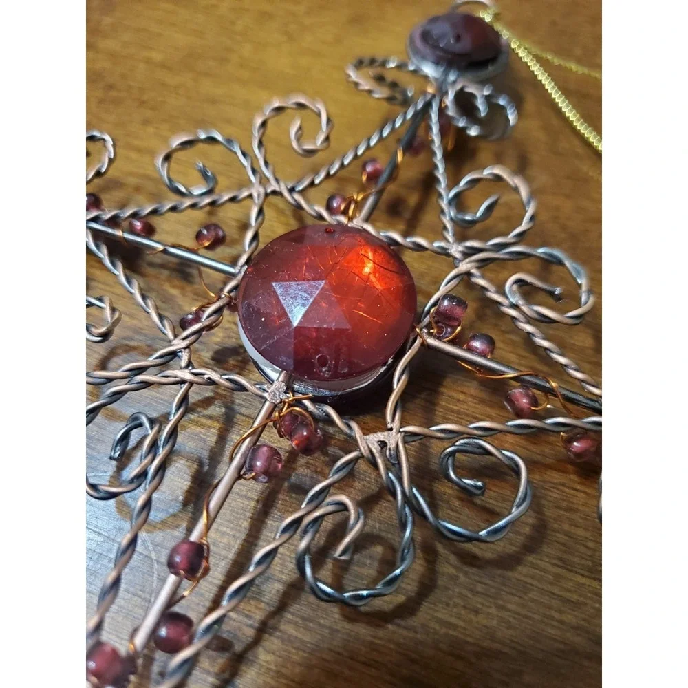 Lot‎ 11 Wire Cross Ornaments Red Beaded Rustic Christian Decor + 1 Repair